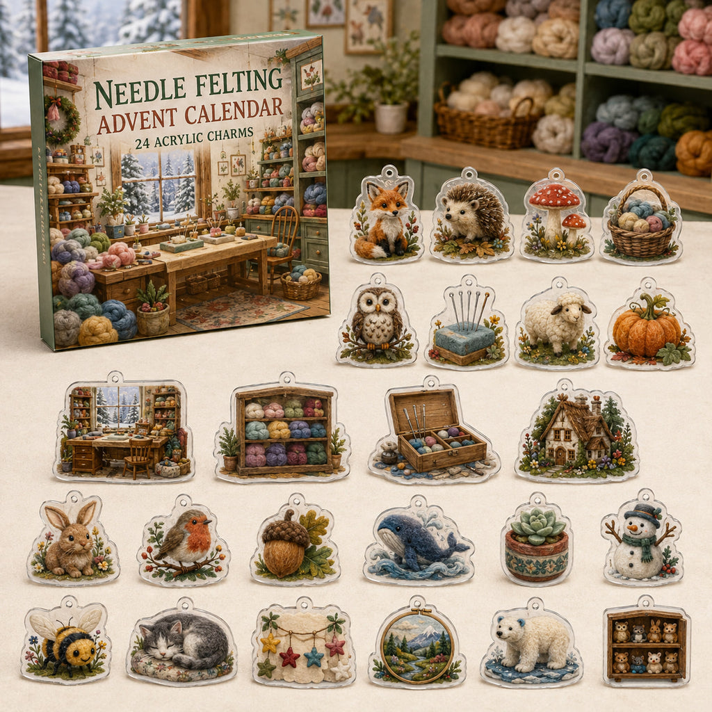 Needle Felting advent calendar box with 24 different printed acrylic charms