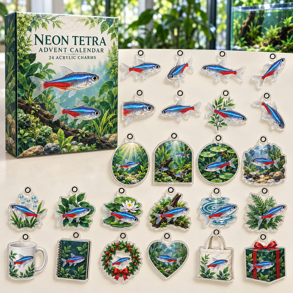 Neon Tetra advent calendar box with 24 themed flat printed acrylic charms