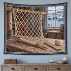 Net Making Harbor Workshop Wall Tapestry with original printed optical 3D artwork