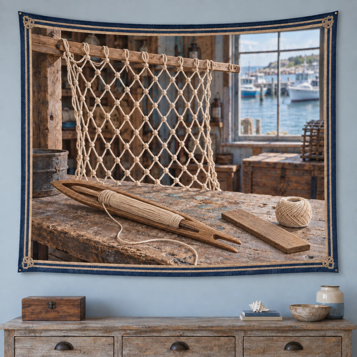 Net Making Harbor Workshop Wall Tapestry with original printed optical 3D artwork