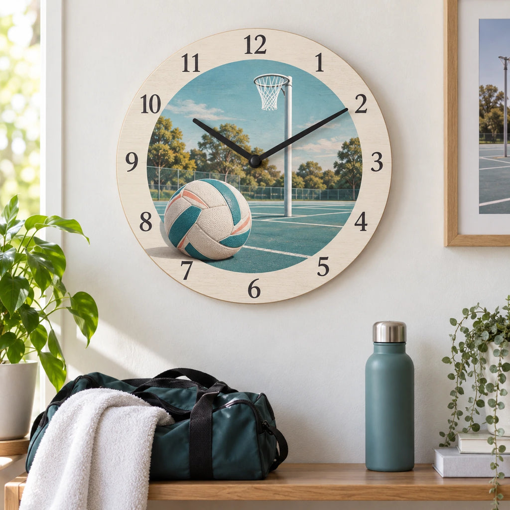 Netball Court Practice Wooden Wall Clock with original printed optical 3D artwork