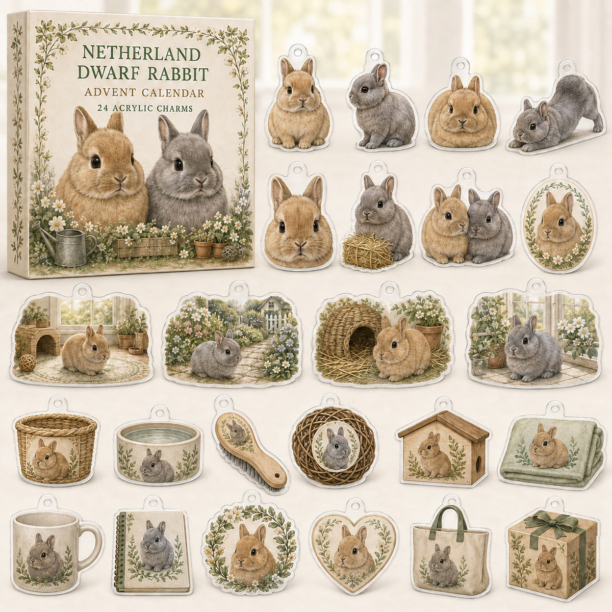 Netherland Dwarf Rabbit advent calendar box with 24 themed printed acrylic charms