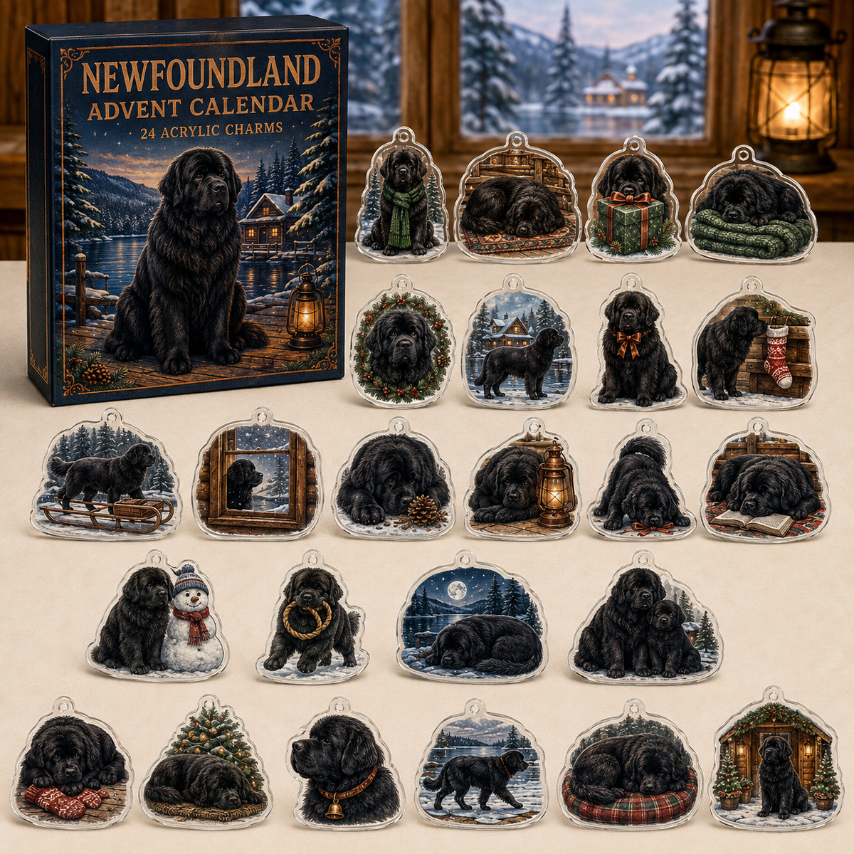 Newfoundland advent calendar box with 24 illustrated acrylic charms displayed on an ivory tabletop in a winter setting