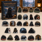 Newfoundland advent calendar box with 24 illustrated acrylic charms displayed on an ivory tabletop in a winter setting
