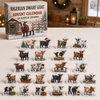 Nigerian Dwarf Goat advent calendar box and full set of 24 illustrated acrylic charms on a light tabletop