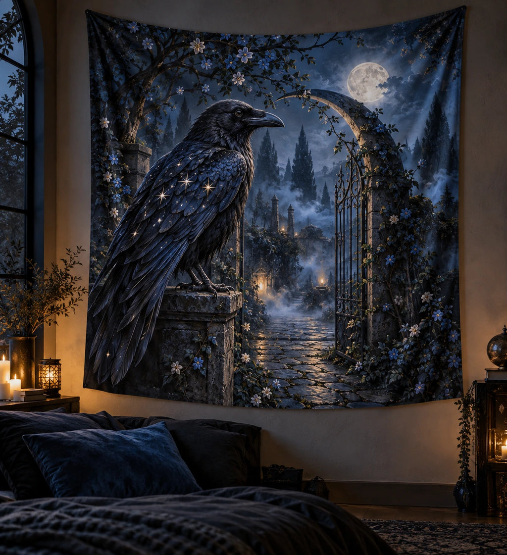 Night Raven Moon Gate Wall Tapestry with printed 3D depth