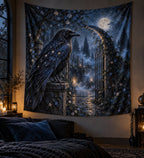 Night Raven Moon Gate Wall Tapestry with printed 3D depth
