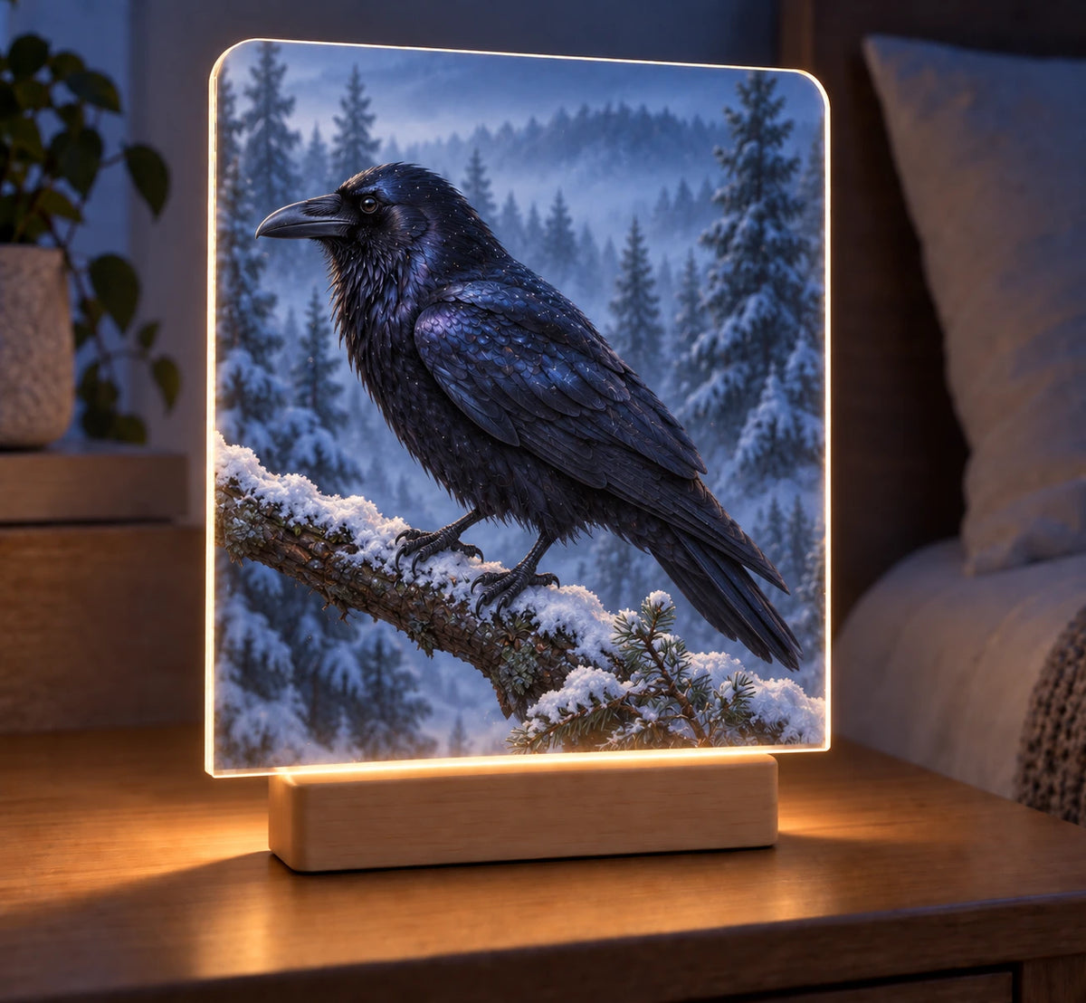 Night Raven Frost Watch Acrylic Night Light with printed iridescent feathers and frosted branch depth