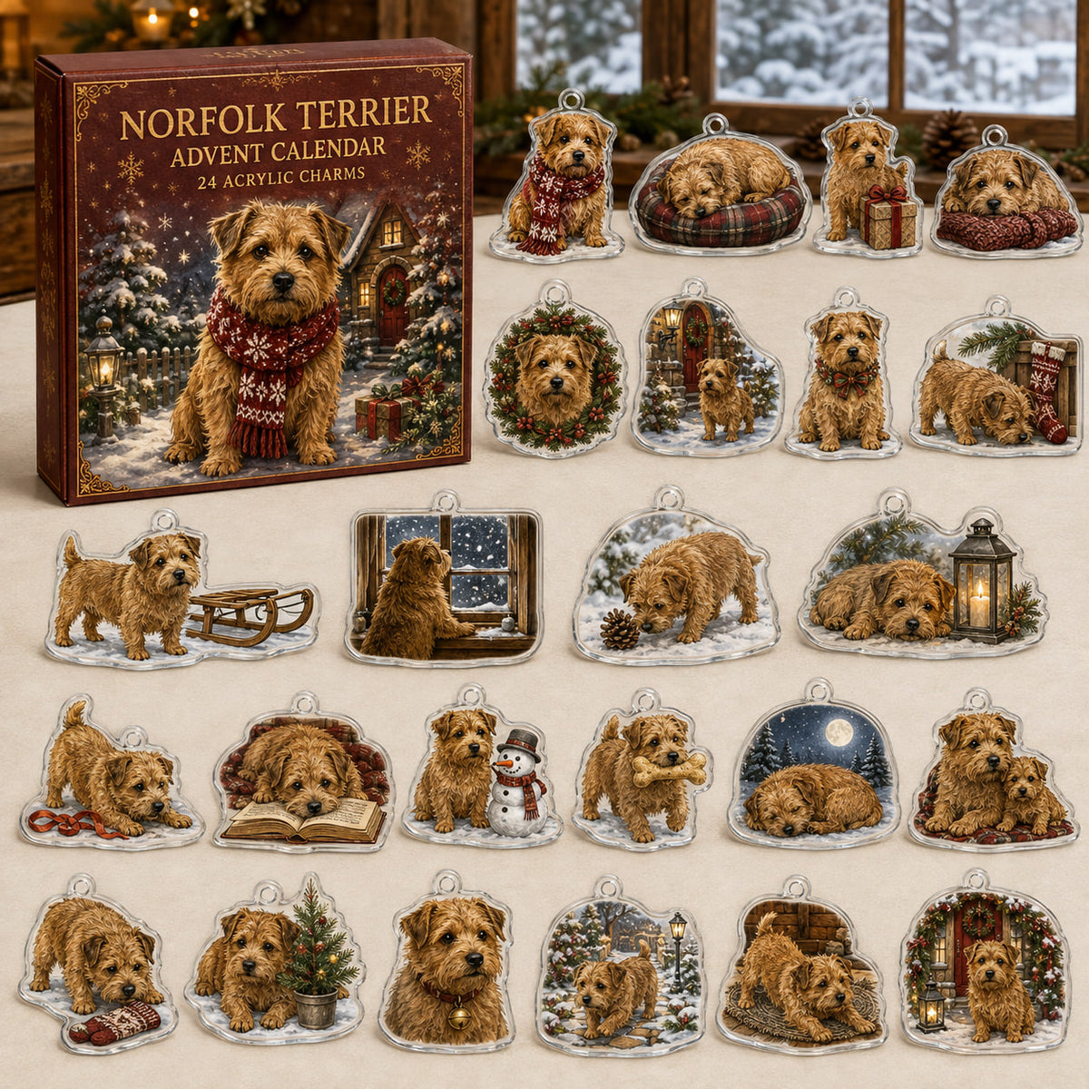 Norfolk Terrier advent calendar box and 24 illustrated acrylic charms displayed on an ivory tabletop in a winter setting