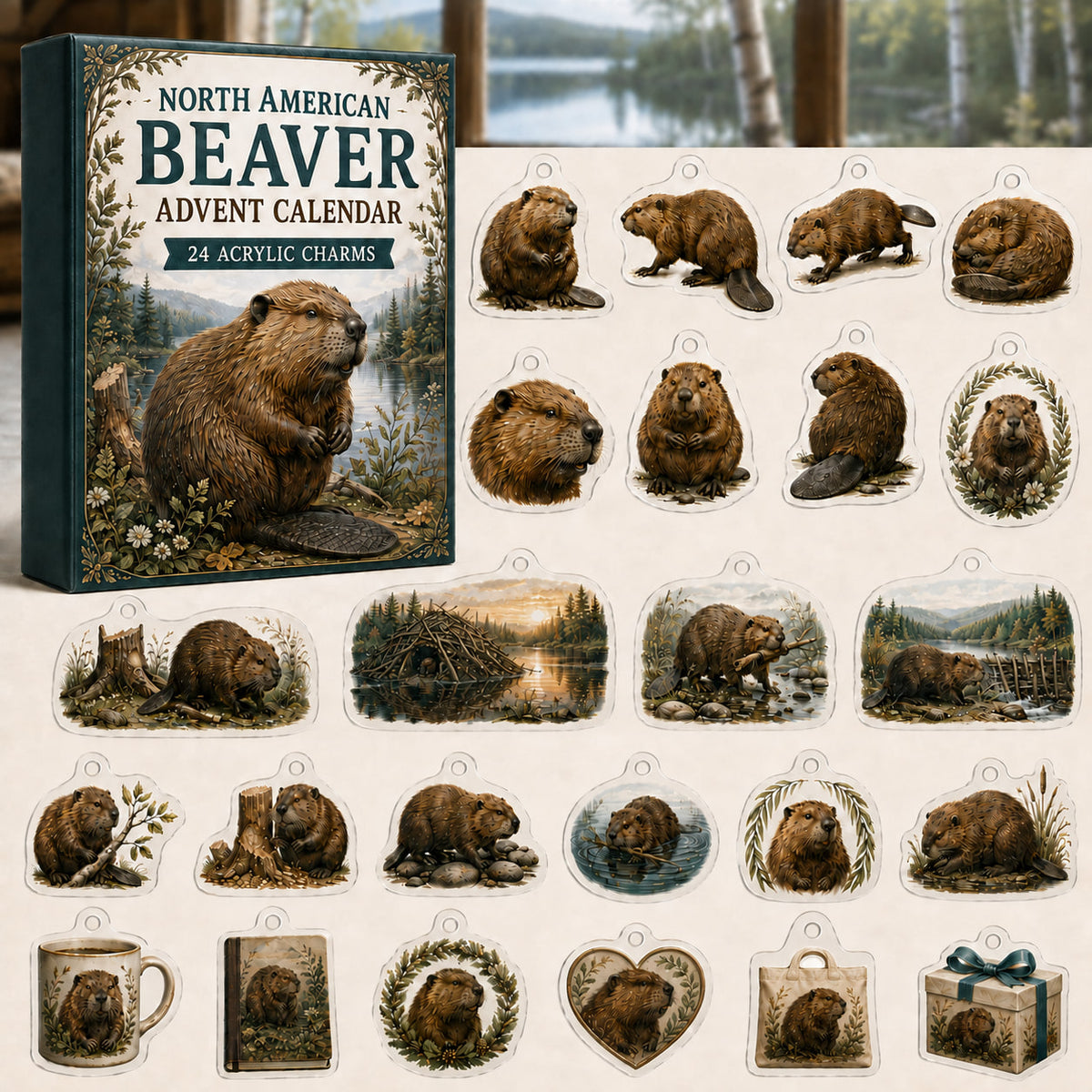 North American Beaver advent calendar box with 24 themed flat printed acrylic charms
