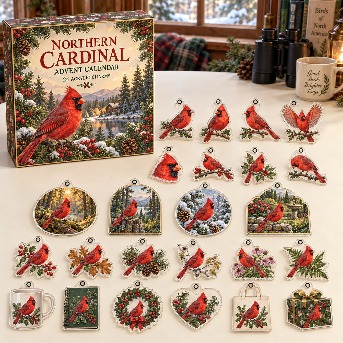 Northern Cardinal advent calendar box with 24 themed flat printed acrylic charms