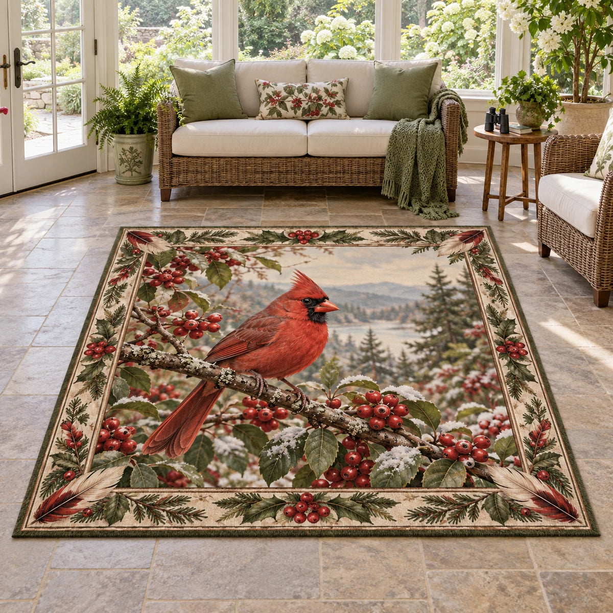 Northern Cardinal Berry Hedge Area Rug featuring a red cardinal on berry branches with leaf and feather details.