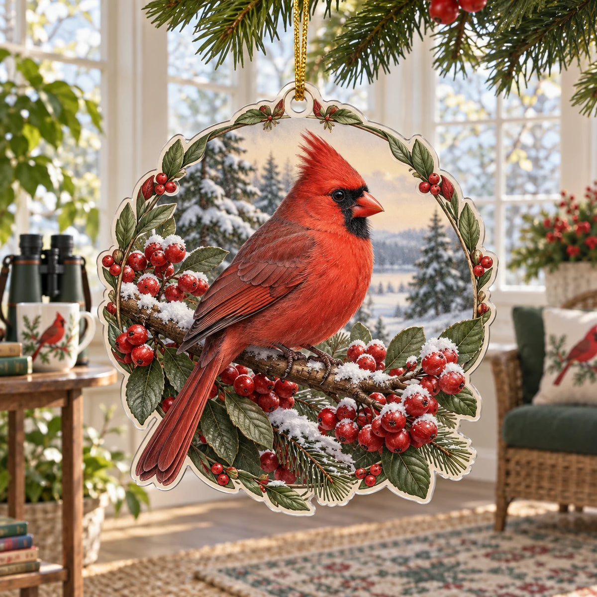 Northern Cardinal Berry Hedge Christmas Ornament featuring a red cardinal on berry branches with leaf and feather details.