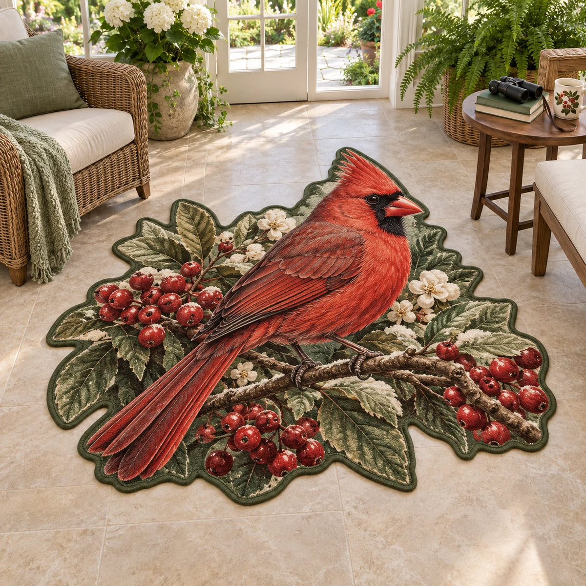 Northern Cardinal Berry Hedge Custom Shape Area Rug with a red cardinal, berry branches and feather-and-leaf details.