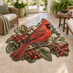 Northern Cardinal Berry Hedge Custom Shape Area Rug with a red cardinal, berry branches and feather-and-leaf details.