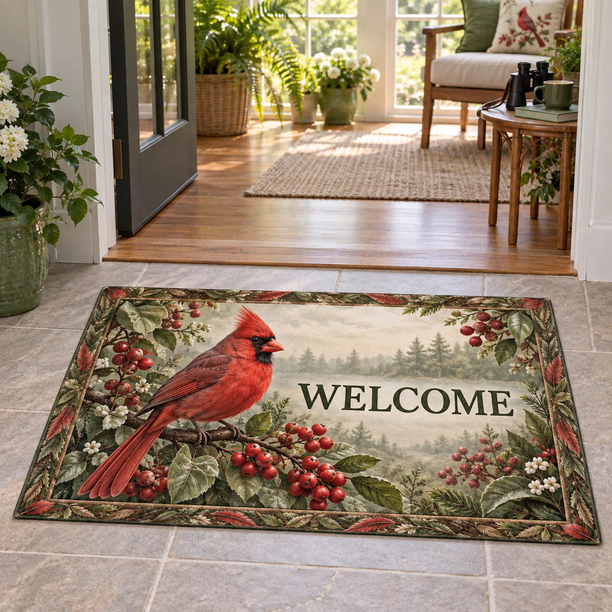 Northern Cardinal Berry Hedge Doormat with a red cardinal, berry branches and feather-and-leaf details.