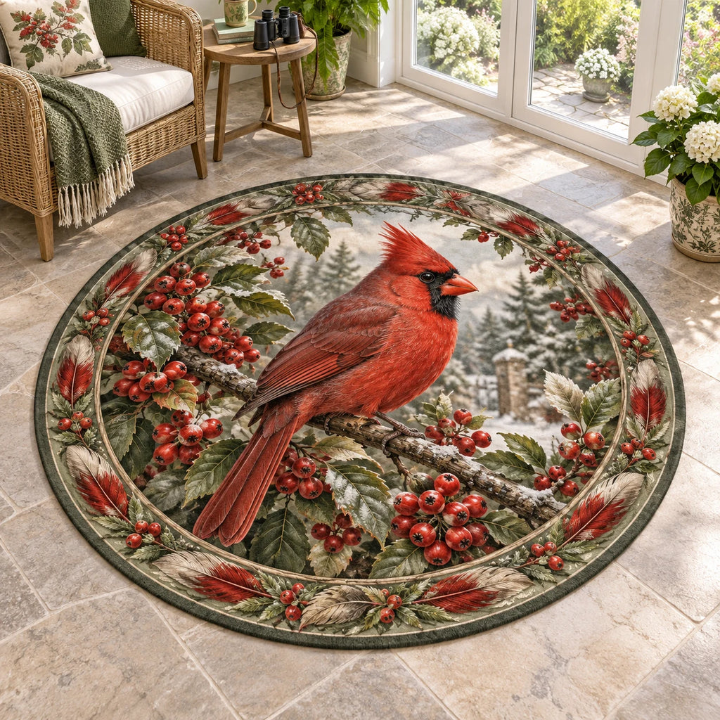Northern Cardinal Berry Hedge Round Mat Rug featuring a red cardinal on berry branches with leaf and feather details.