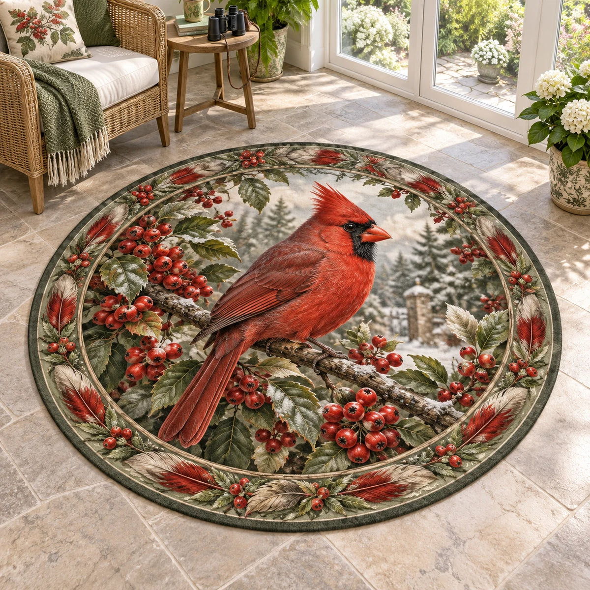 Northern Cardinal Berry Hedge Round Mat Rug featuring a red cardinal on berry branches with leaf and feather details.