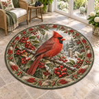 Northern Cardinal Berry Hedge Round Mat Rug featuring a red cardinal on berry branches with leaf and feather details.