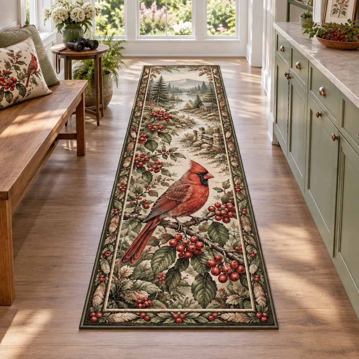 Northern Cardinal Berry Hedge Runner Rug featuring a red cardinal on berry branches with leaf and feather details.
