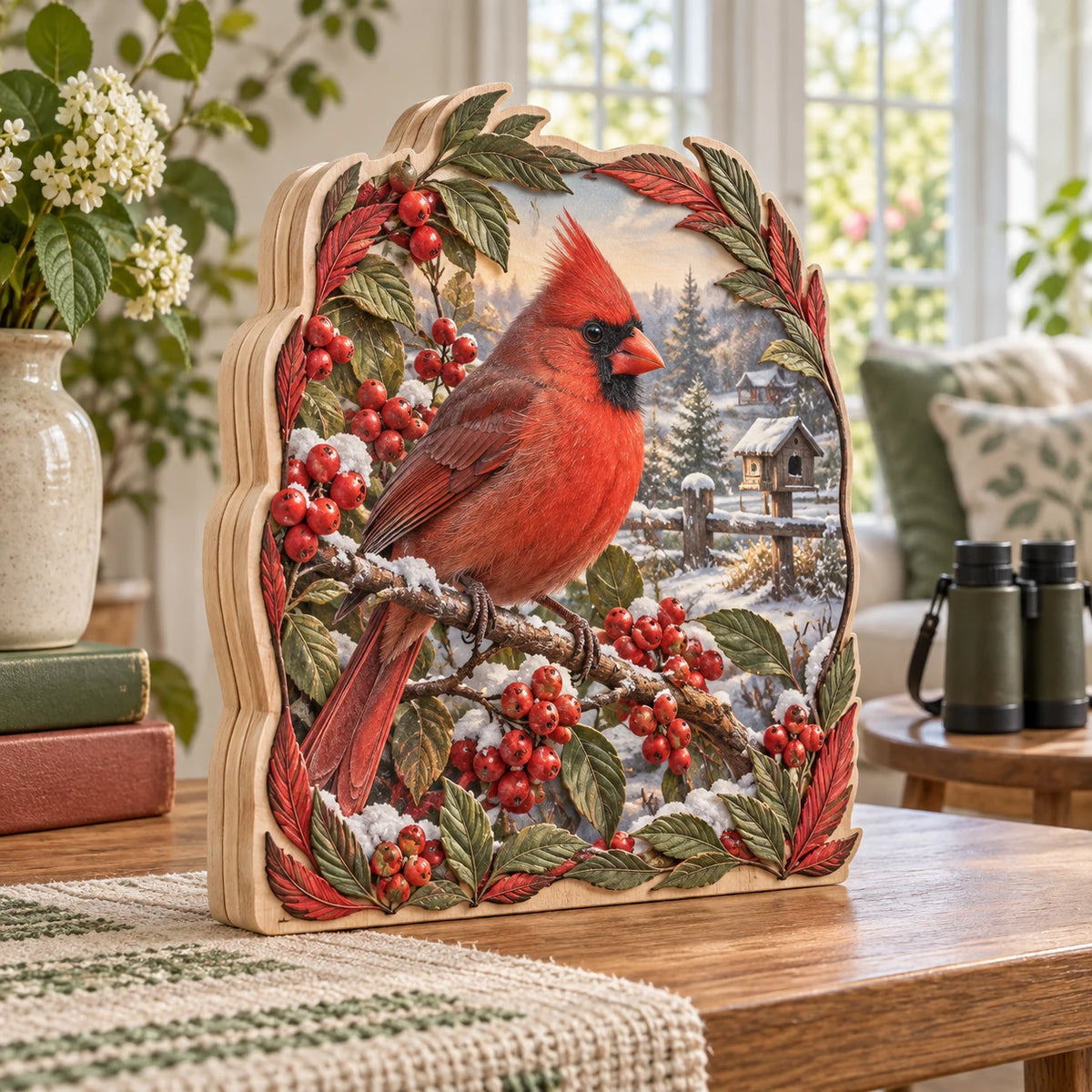 Northern Cardinal Berry Hedge Wooden Block 3 Layer with a red cardinal, berry branches and feather-and-leaf details.