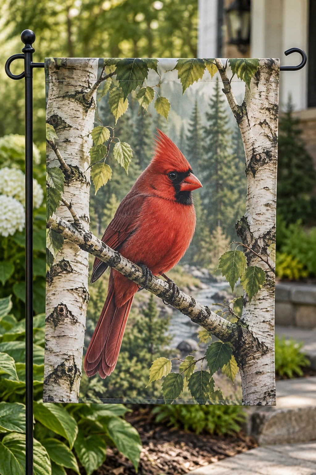 Northern Cardinal Birch Grove Garden Flag with printed dimensional artwork