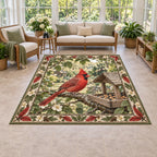 Northern Cardinal Garden Feeder Area Rug with red cardinal, wooden seed feeder and botanical accents