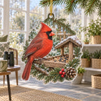 Northern Cardinal Garden Feeder Christmas Ornament with red cardinal, wooden seed feeder and botanical accents