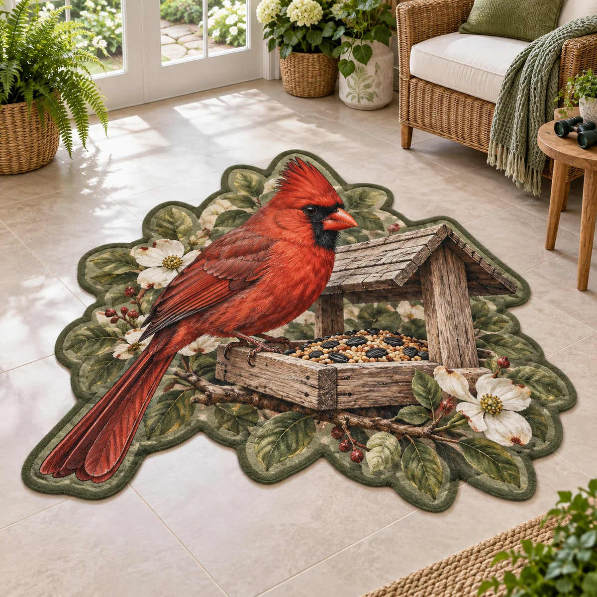 Northern Cardinal Garden Feeder Custom Shape Area Rug with red cardinal, seed feeder and leafy border in a garden room
