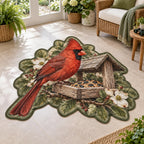 Northern Cardinal Garden Feeder Custom Shape Area Rug with red cardinal, seed feeder and leafy border in a garden room