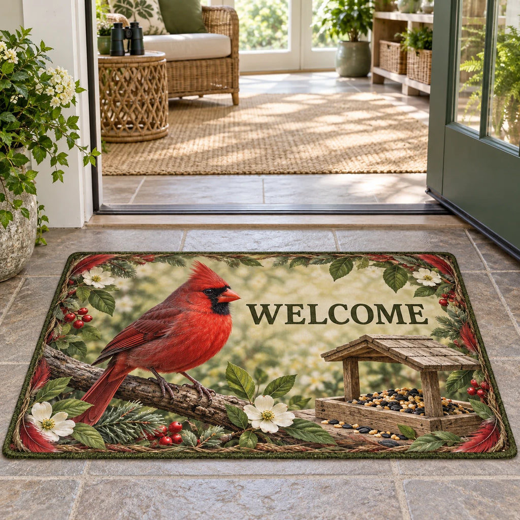 Northern Cardinal Garden Feeder Doormat with red cardinal, wooden seed feeder and botanical accents