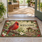 Northern Cardinal Garden Feeder Doormat with red cardinal, wooden seed feeder and botanical accents