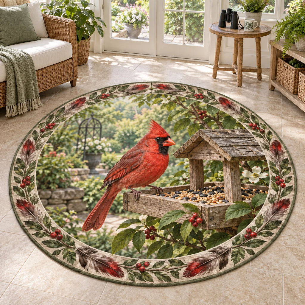 Northern Cardinal Garden Feeder Round Mat Rug with red cardinal, wooden seed feeder and botanical accents