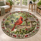 Northern Cardinal Garden Feeder Round Mat Rug with red cardinal, wooden seed feeder and botanical accents