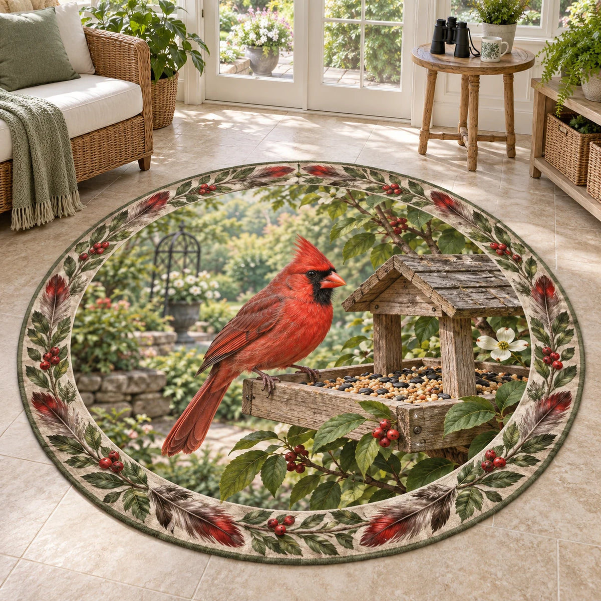 Northern Cardinal Garden Feeder Round Mat Rug with red cardinal, wooden seed feeder and botanical accents