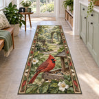 Northern Cardinal Garden Feeder Runner Rug with red cardinal, wooden seed feeder and botanical accents