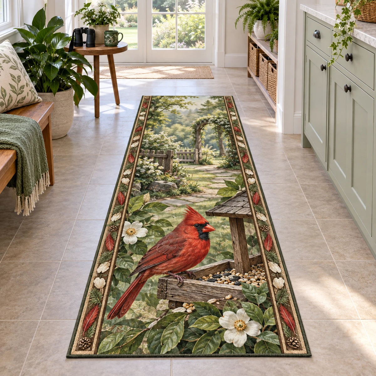 Northern Cardinal Garden Feeder Runner Rug with red cardinal, wooden seed feeder and botanical accents
