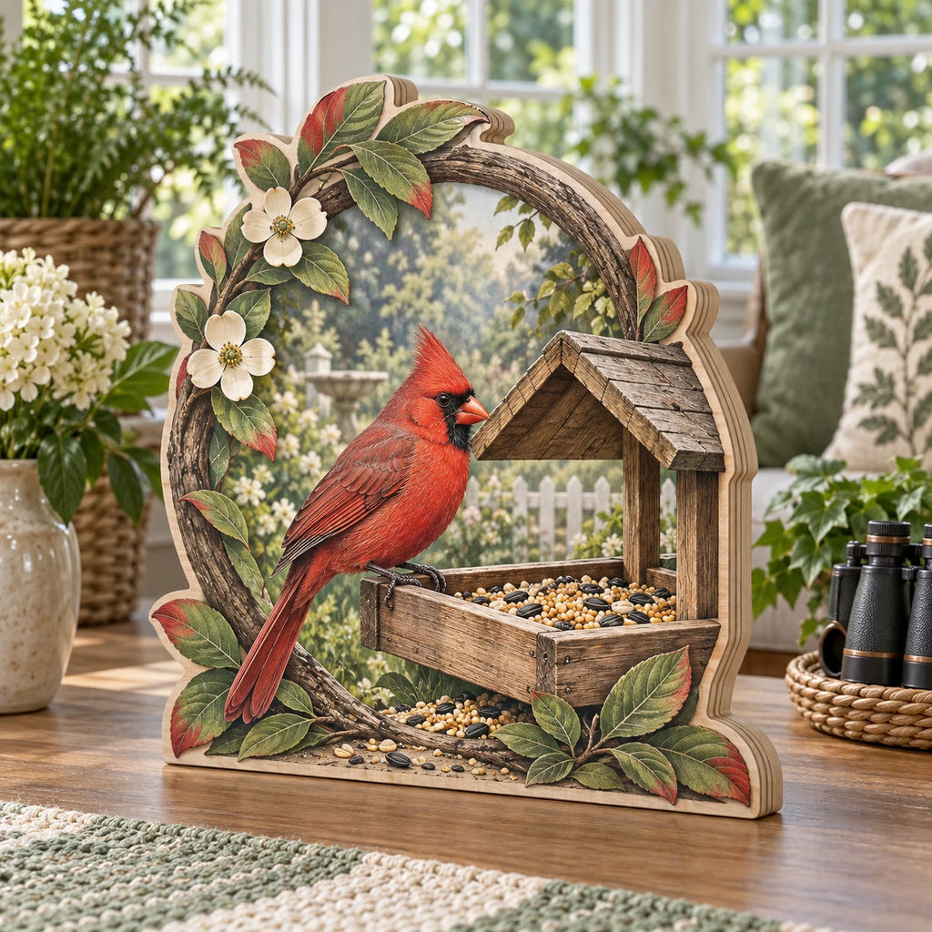 Northern Cardinal Garden Feeder Wooden Block 3 Layer with red cardinal, seed feeder and leafy border in a garden room