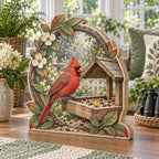 Northern Cardinal Garden Feeder Wooden Block 3 Layer with red cardinal, seed feeder and leafy border in a garden room