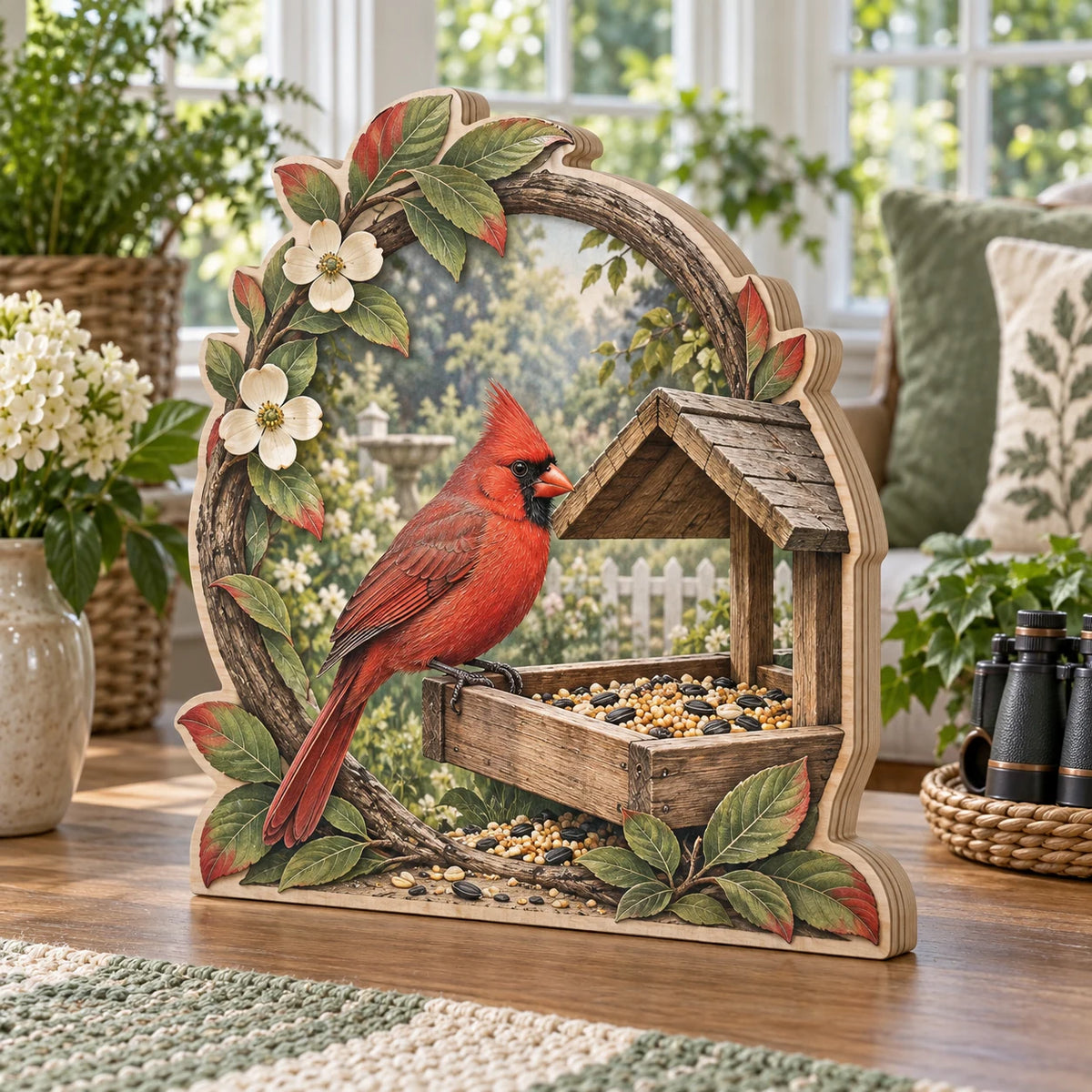 Northern Cardinal Garden Feeder Wooden Block 3 Layer with red cardinal, seed feeder and leafy border in a garden room