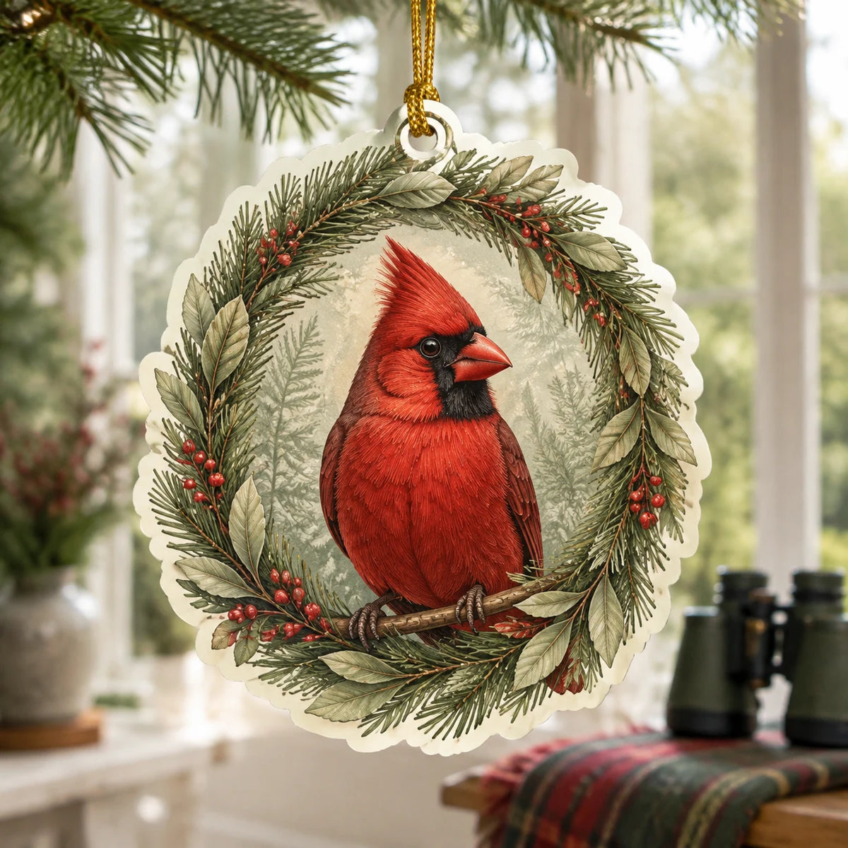 Northern cardinal acrylic Christmas ornament with an evergreen wreath, red berries and a gold hanging cord