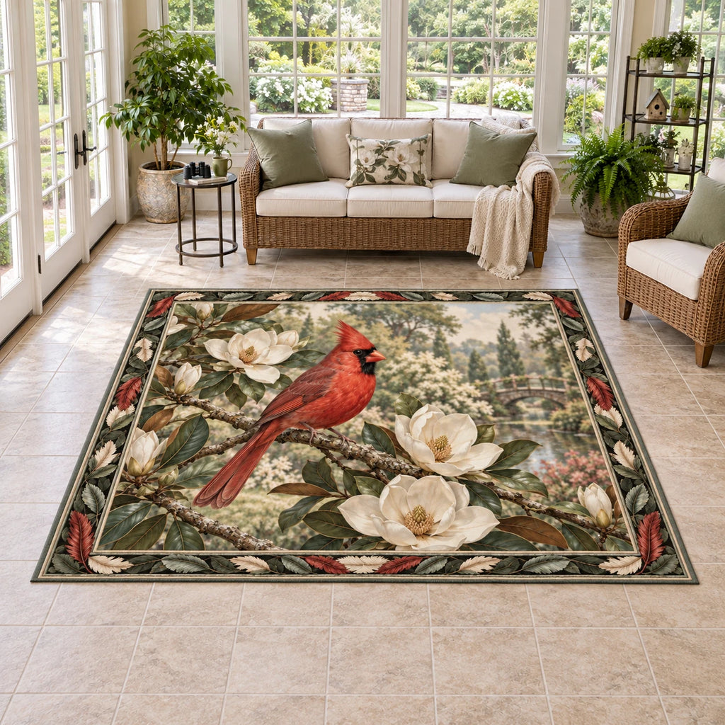 Northern Cardinal area rug with cream magnolia flowers and feather-and-leaf border in a bright garden room