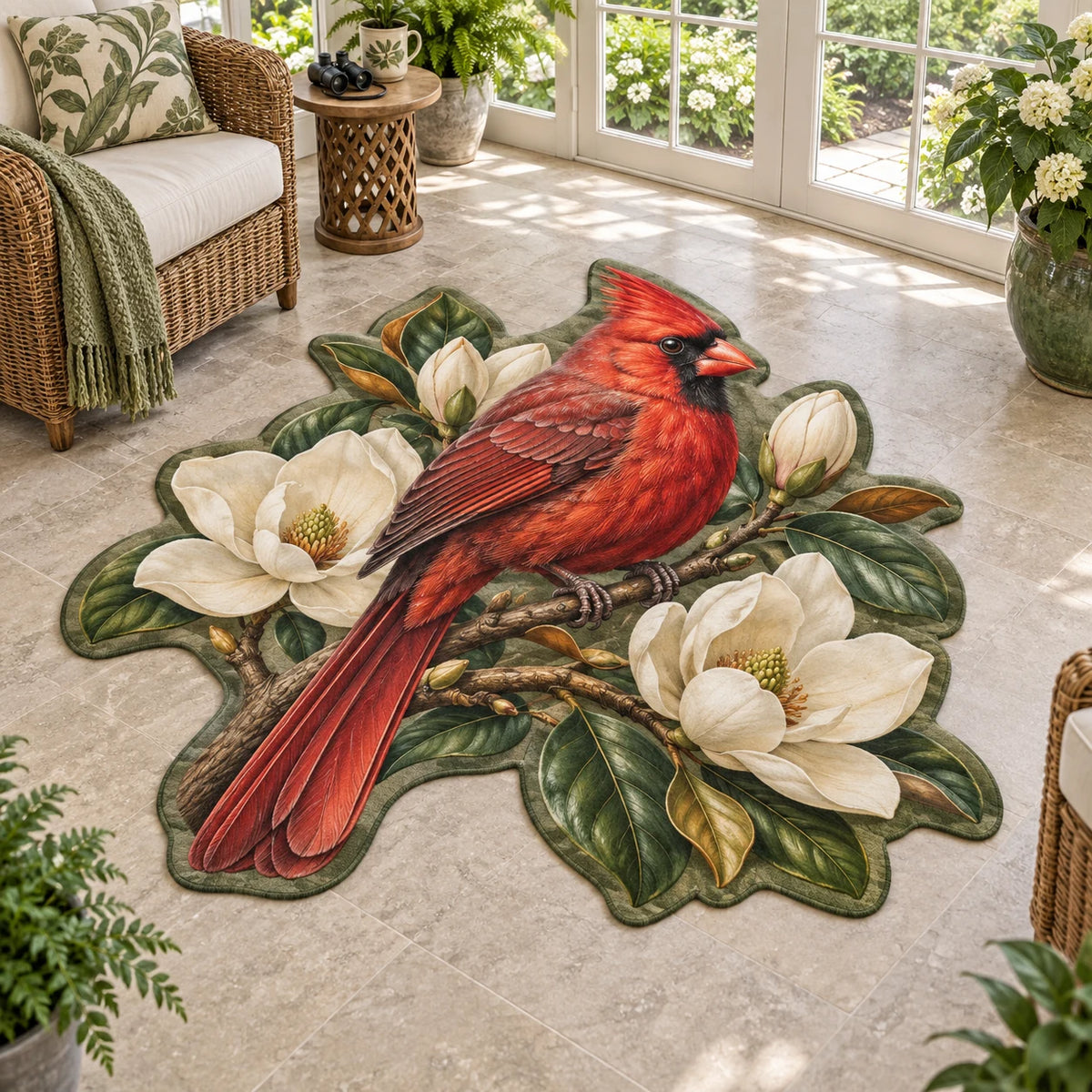 Custom shape rug featuring a red Northern Cardinal perched among cream magnolia flowers