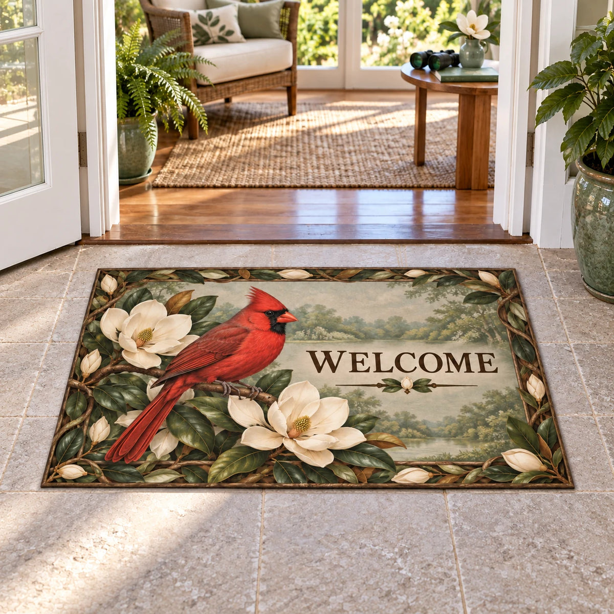 Northern Cardinal WELCOME doormat with cream magnolia flowers and green leafy border