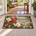 Northern Cardinal WELCOME doormat with cream magnolia flowers and green leafy border