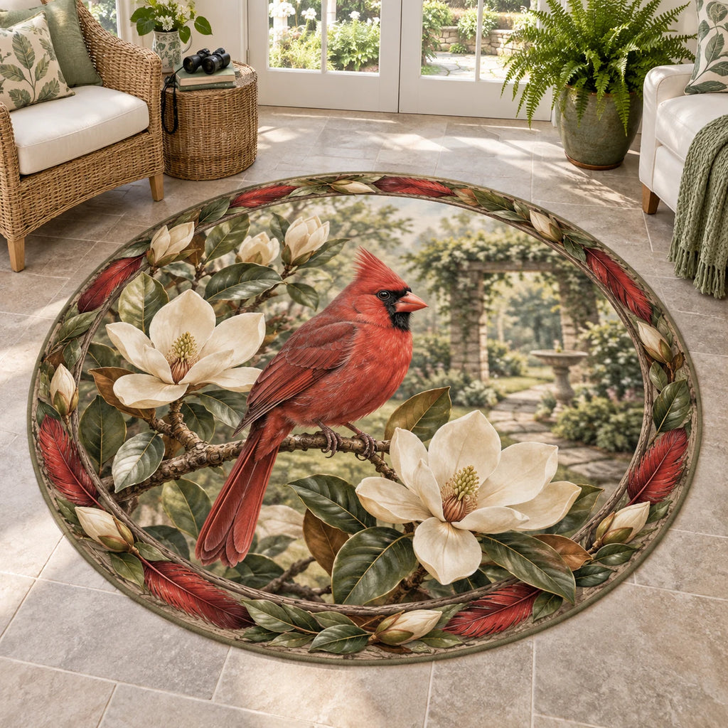 Round mat rug with a red Northern Cardinal, cream magnolia flowers and red feather-and-leaf border