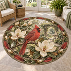 Round mat rug with a red Northern Cardinal, cream magnolia flowers and red feather-and-leaf border