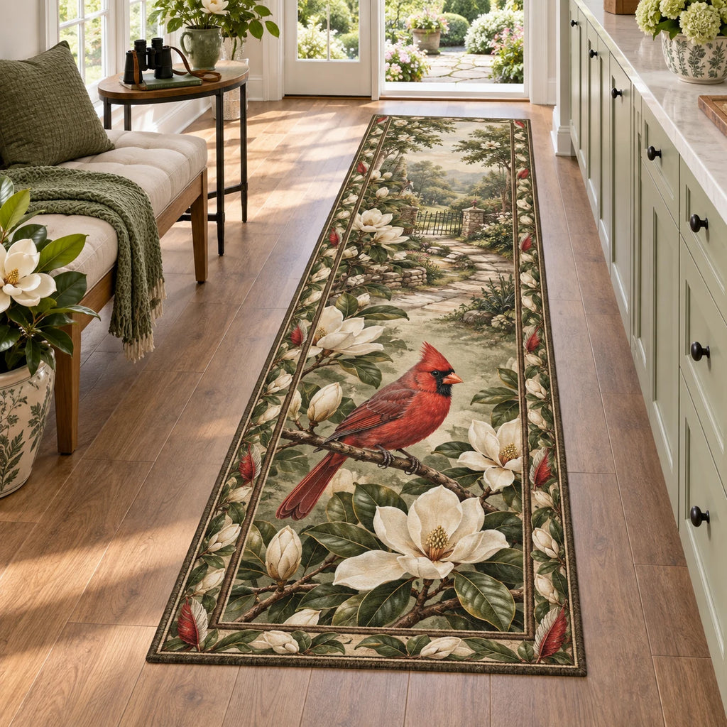 Northern Cardinal runner rug with cream magnolias, garden path and botanical side borders