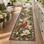 Northern Cardinal runner rug with cream magnolias, garden path and botanical side borders
