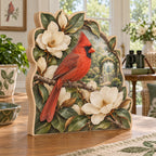 Three-layer wooden block featuring a Northern Cardinal, cream magnolias and a distant garden gate